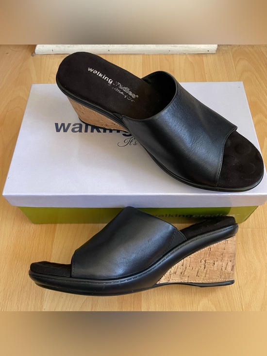 Walking Cradles Shoes - Walking Cradles Lynn Wedge Sandal Mules, Black Leather, Cork trim, Sz 9W